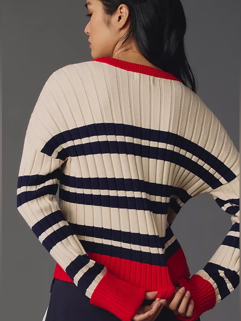 Maeve by Anthropologie Rib Crew Compact Pullover Sweater Cream & Navy Striped - Picture 9 of 16